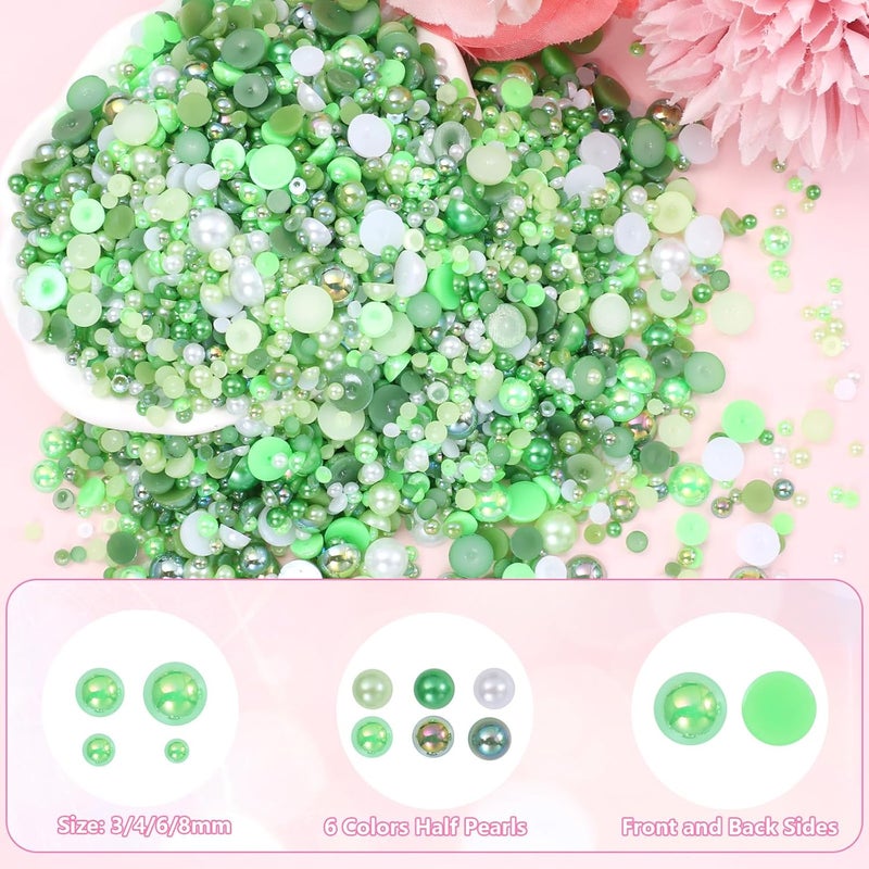 Cynailli Green Flatback Pearls for Crafting, 3/4/6/8mm Flatback Nail Pearls for Nails Art, Half Round ABS Green White Pearl Beads Gems for Nails Art DIY Crafting Face Hair Manicure DIY - Image 4